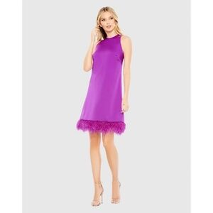 NWT Ieena Mac Duggal Feathered Hem High Neck Sleeveless Trapeze Dress - size 0